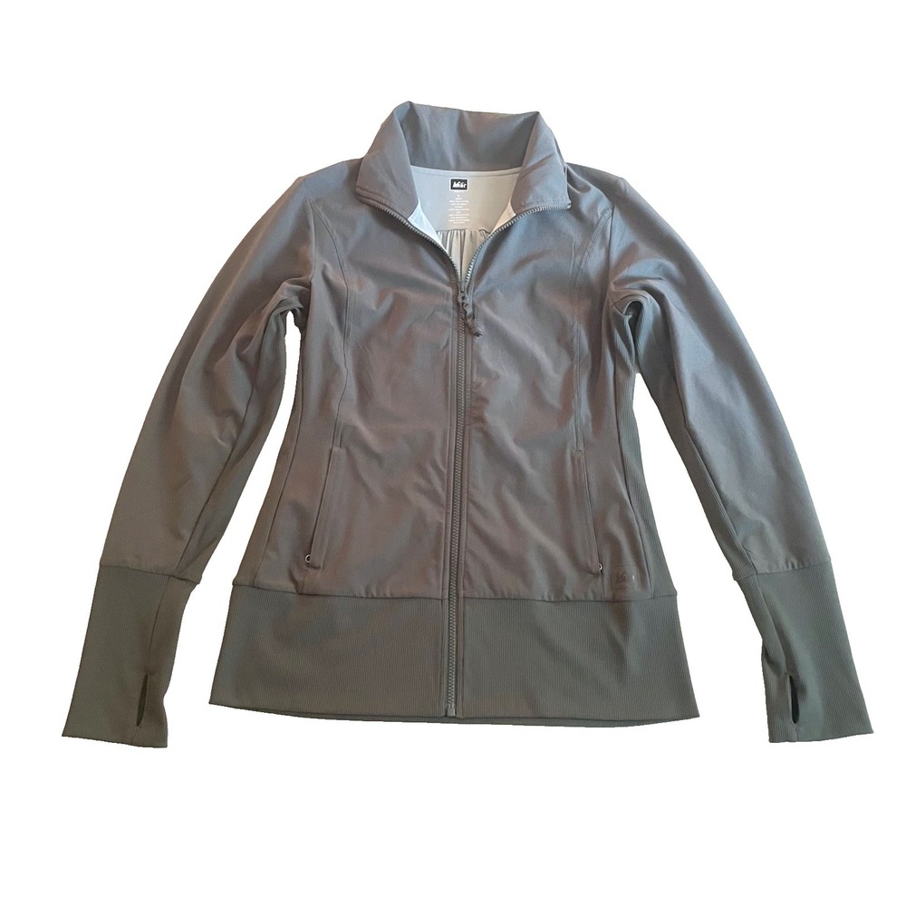 REI Full Zip Up Long‎ Sleeve Collar Grey Jacket Women's Large Ribbed Thumb Holes